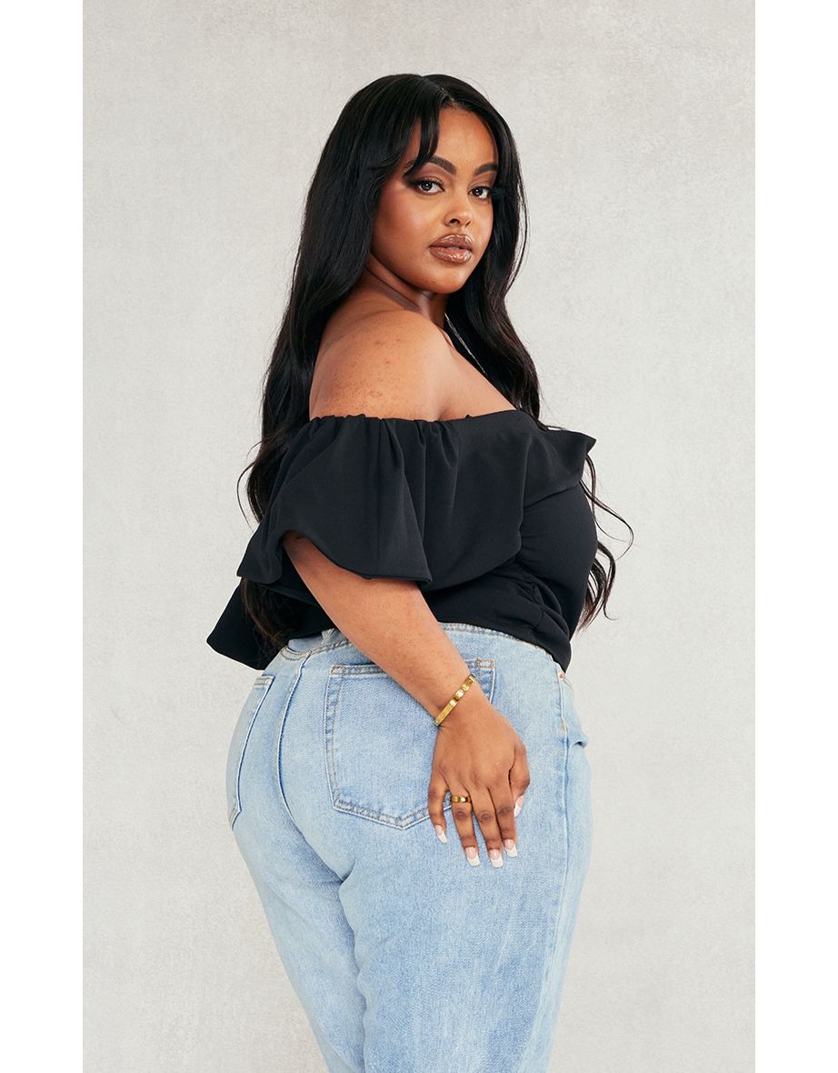 Plus Black Ruffle Bardot Top
