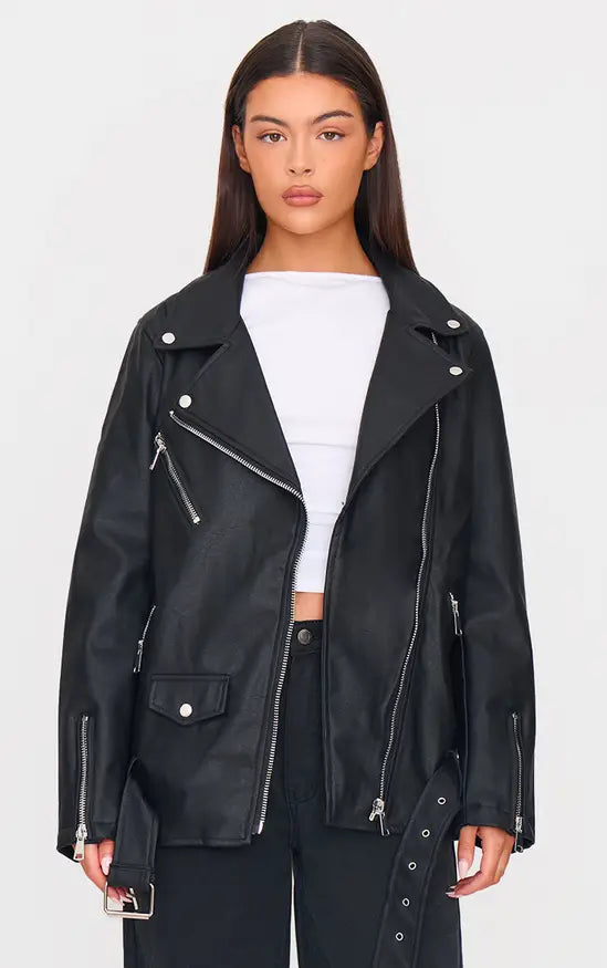 Black Faux Leather Longline Belted Biker Jacket