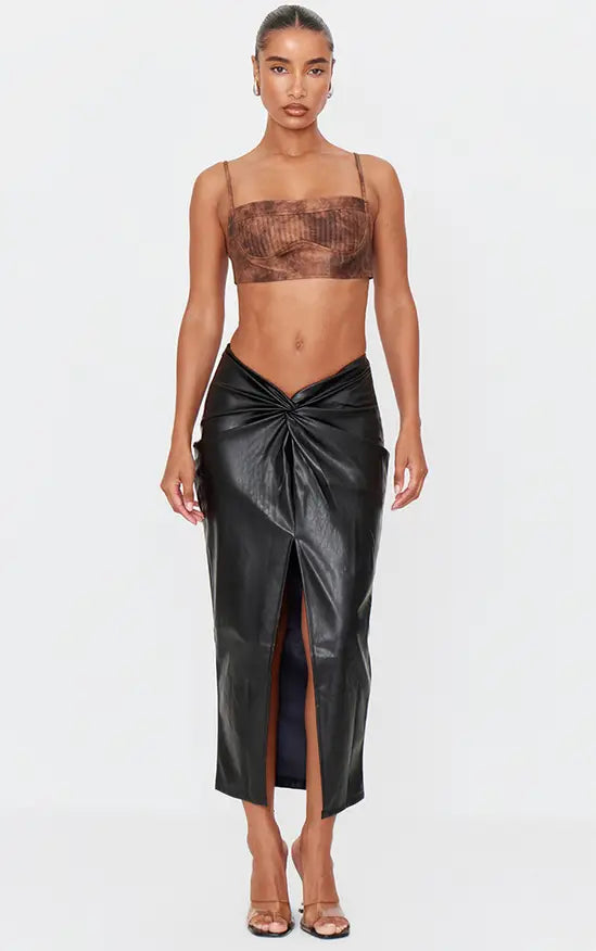 Black Faux Leather Twist Detail Front Midi Skirt
