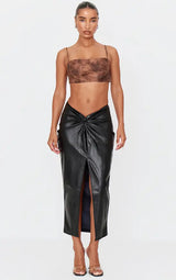 Black Faux Leather Twist Detail Front Midi Skirt