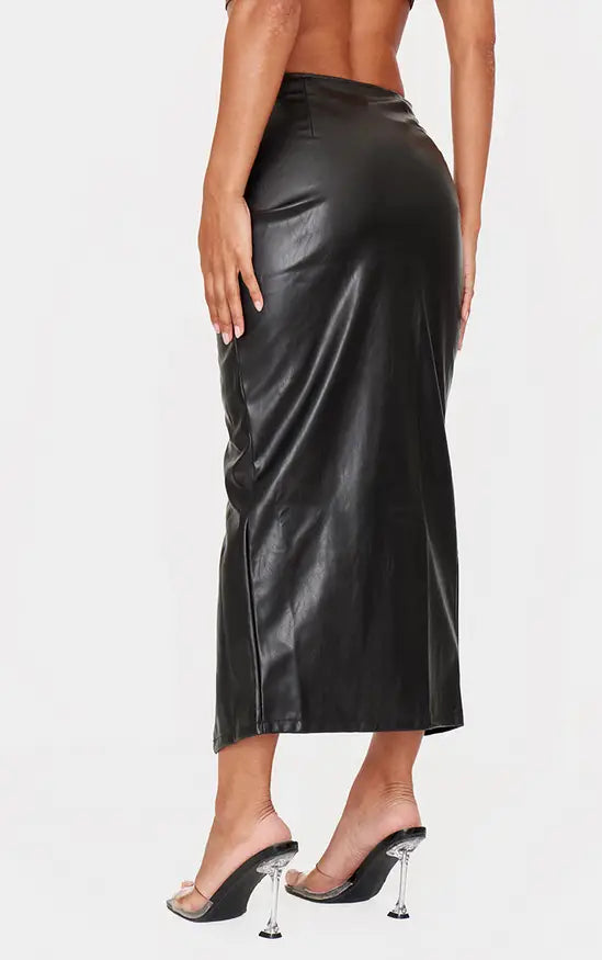 Black Faux Leather Twist Detail Front Midi Skirt
