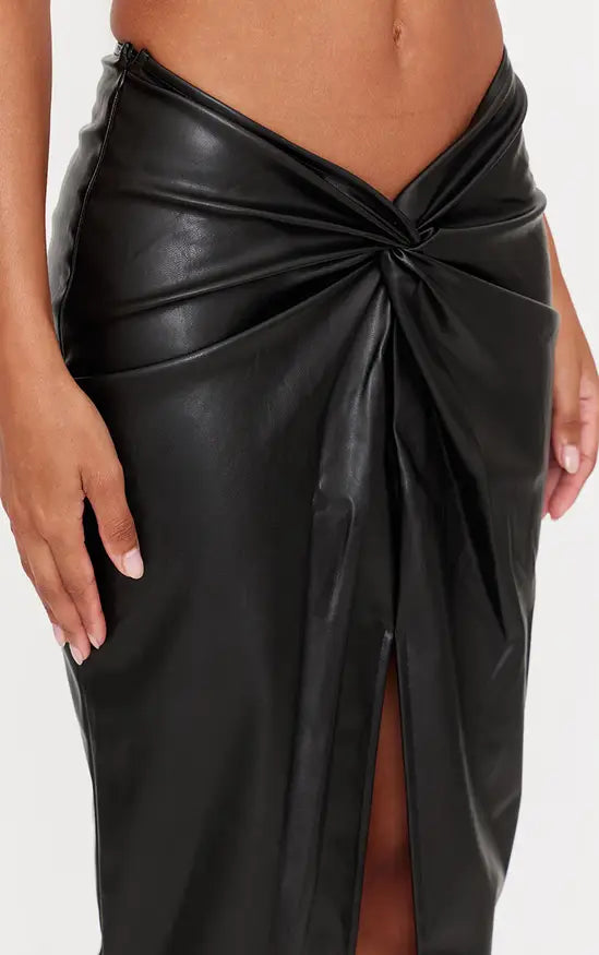 Black Faux Leather Twist Detail Front Midi Skirt