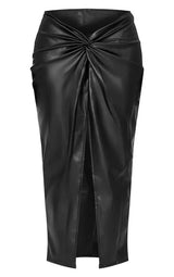 Black Faux Leather Twist Detail Front Midi Skirt