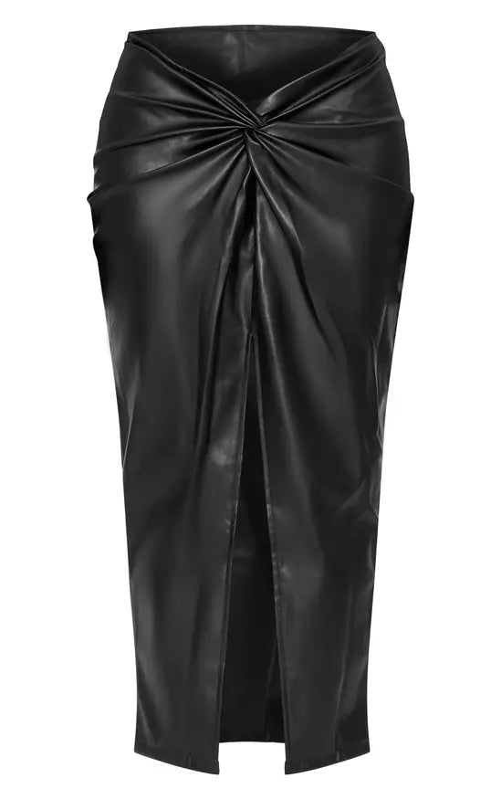 Black Faux Leather Twist Detail Front Midi Skirt