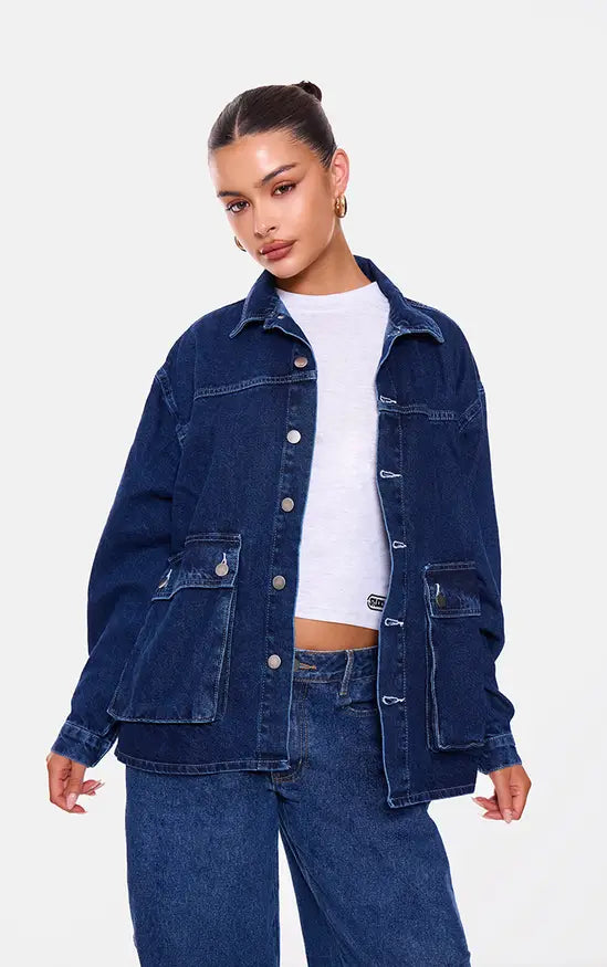 PrettyLittleThing Oversized Button Up Pocket Detail Denim Shacket