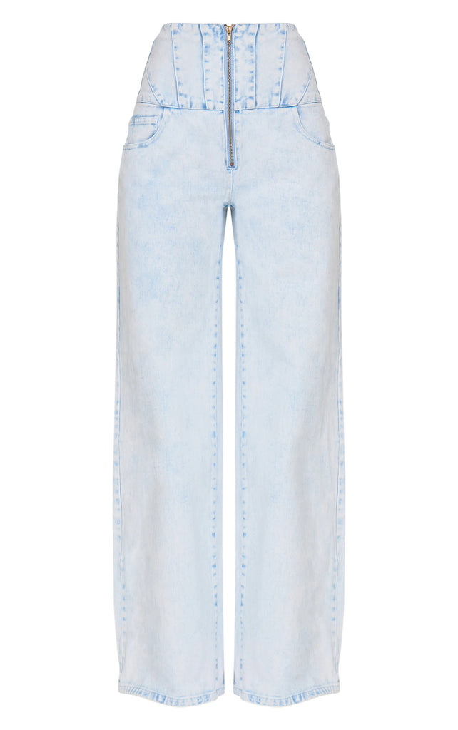Light Blue Acid Wash Seam Detail Corset Waist Jeans