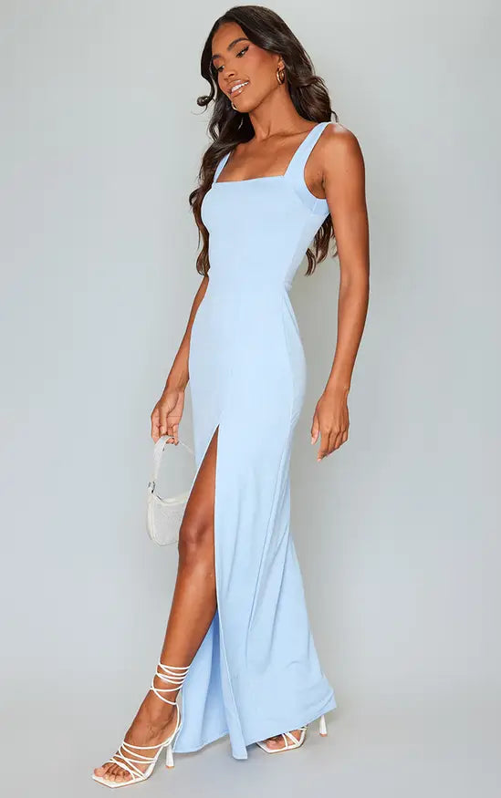 Light Blue Straight Neck Maxi Dress