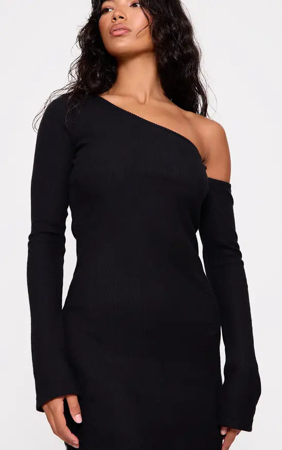 Black Heavy Brushed Asymmetric Ruched Maxi Dress