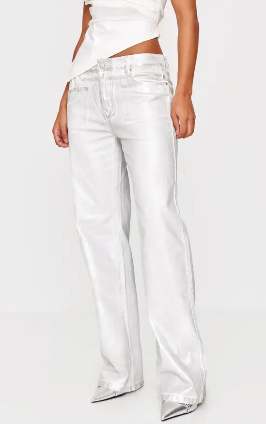 White Metallic Effect Low Rise Wide Leg Jeans