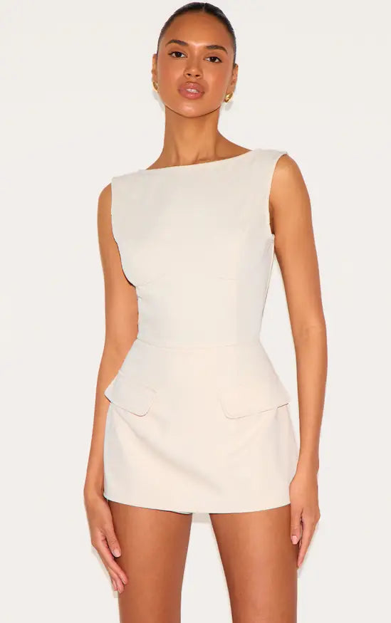 Almond Woven Pocket Detail Sleeveless Skort Playsuit