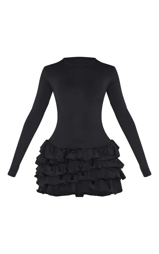 Petite Black Long Sleeve Frill Detail Shift Mini Dress