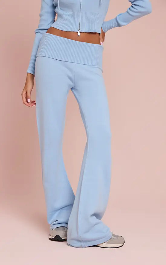 Light Blue Fold Over Waist Band Flared Knitted Trousers