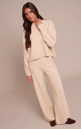 Beige Wide Leg Knitted Trousers