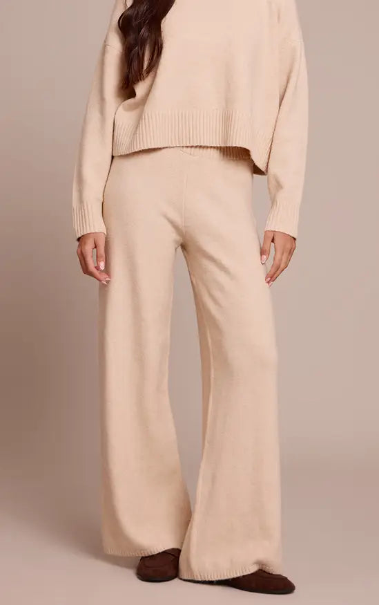 Beige Wide Leg Knitted Trousers