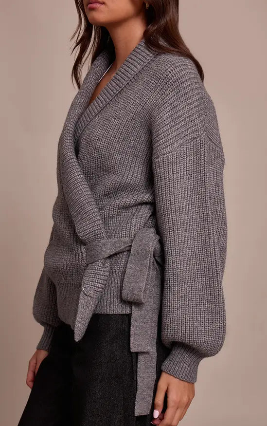 Grey Chunky Knit Rib Wrap Cardigan