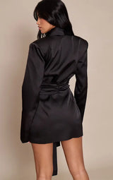 Black Structured Satin Drape Detail Blazer Dress