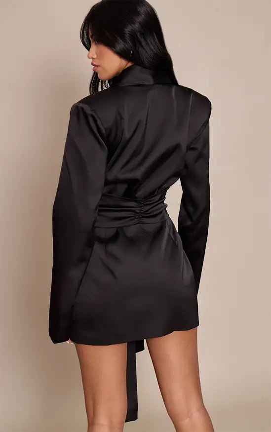 Black Structured Satin Drape Detail Blazer Dress