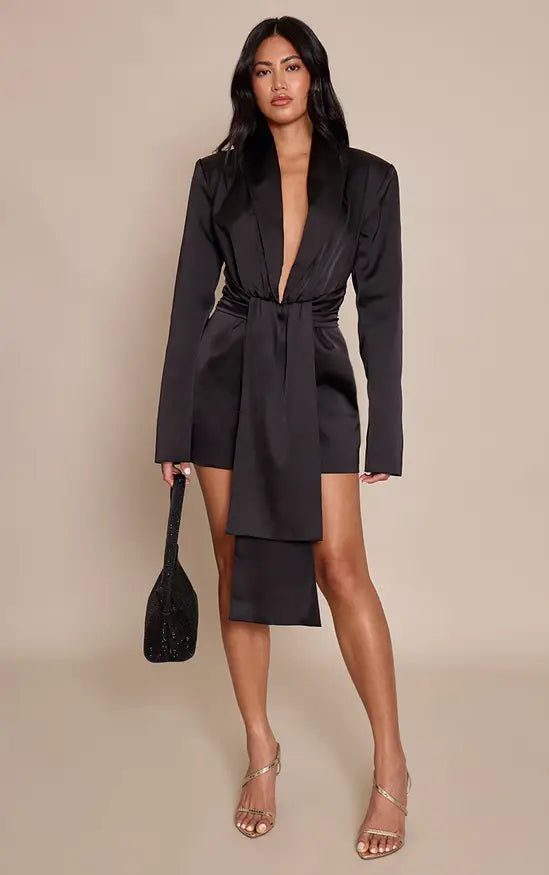 Black Structured Satin Drape Detail Blazer Dress