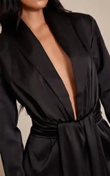 Black Structured Satin Drape Detail Blazer Dress