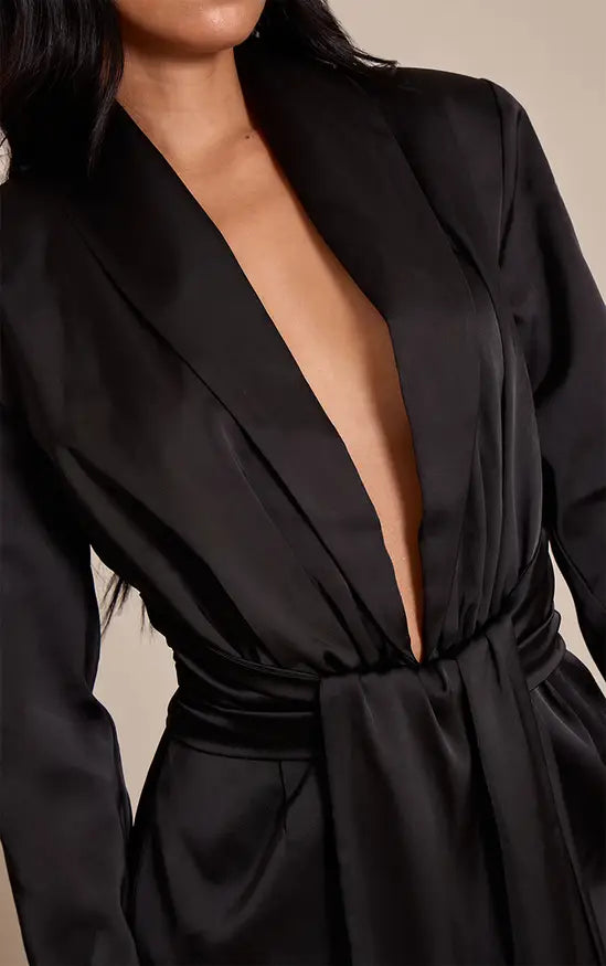 Black Structured Satin Drape Detail Blazer Dress
