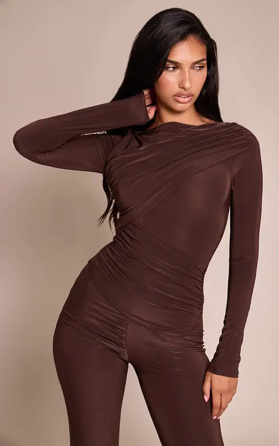 Chocolate Slinky Long Sleeve Ruched Drape Jumpsuit