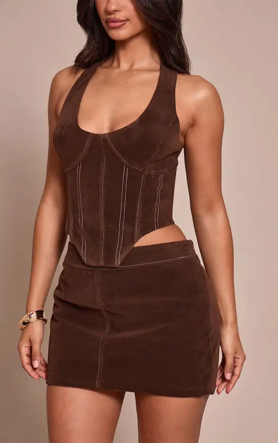Petite Chocolate Suede Micro Mini Skirt Co-ord