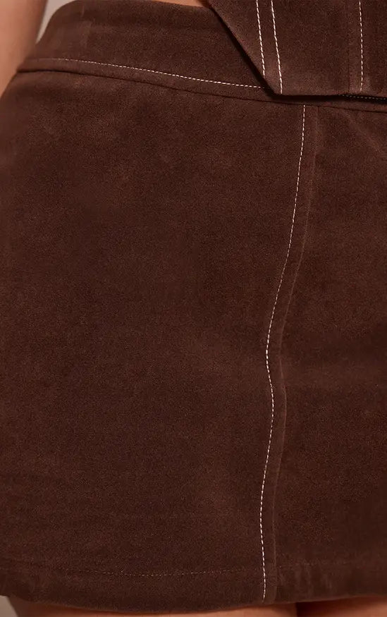 Petite Chocolate Suede Micro Mini Skirt Co-ord