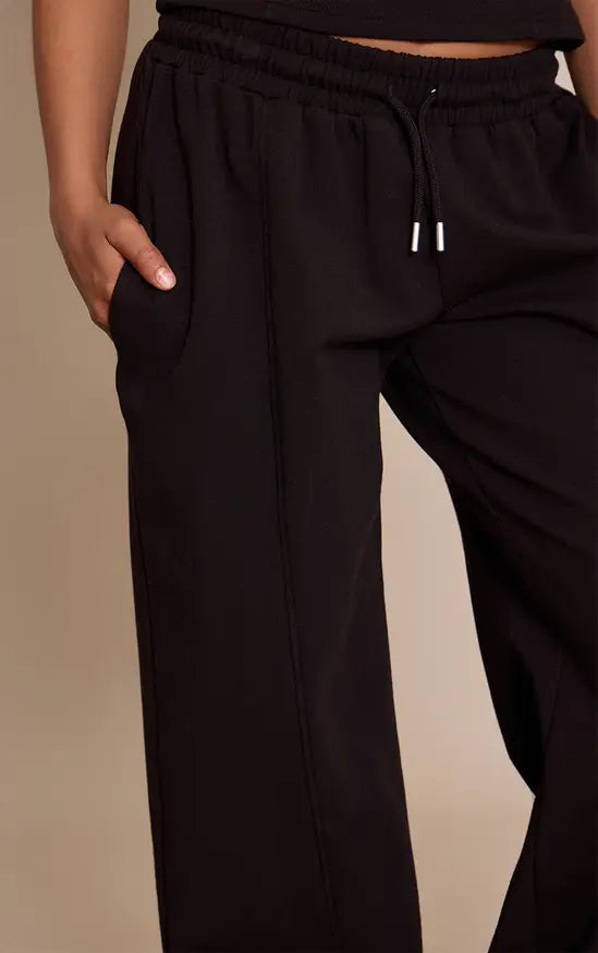 Petite Black Interlock Drawstring Wide Leg Joggers