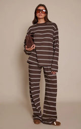 Dark Brown Striped Wide Leg Drawstring Trousers Co-ord Komplet