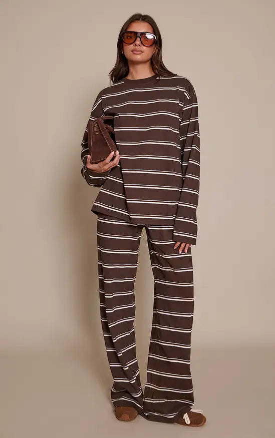 Dark Brown Striped Wide Leg Drawstring Trousers Co-ord Komplet