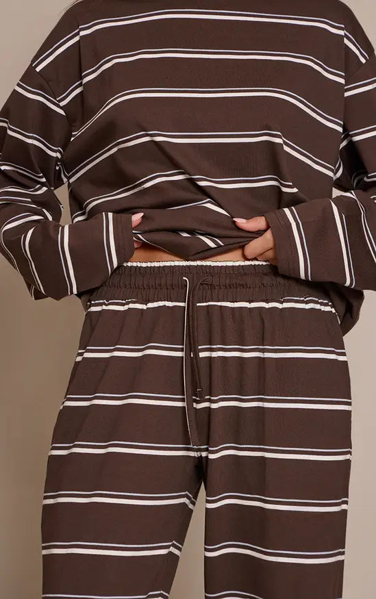 Dark Brown Striped Wide Leg Drawstring Trousers Co-ord Komplet
