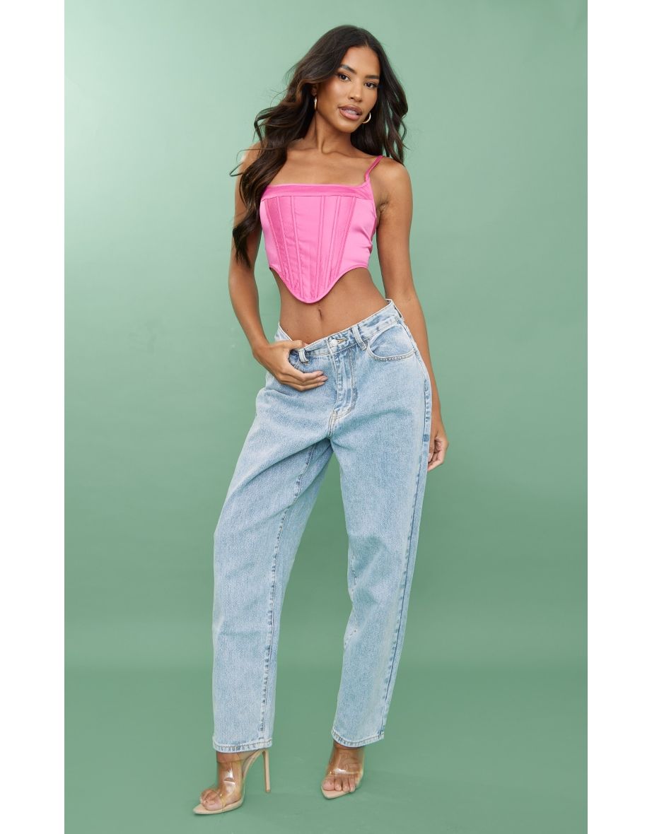 Hot Pink Satin Dipped Hem Boned Corset