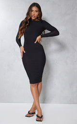 Basic Black Ribbed Long Sleeve Dress