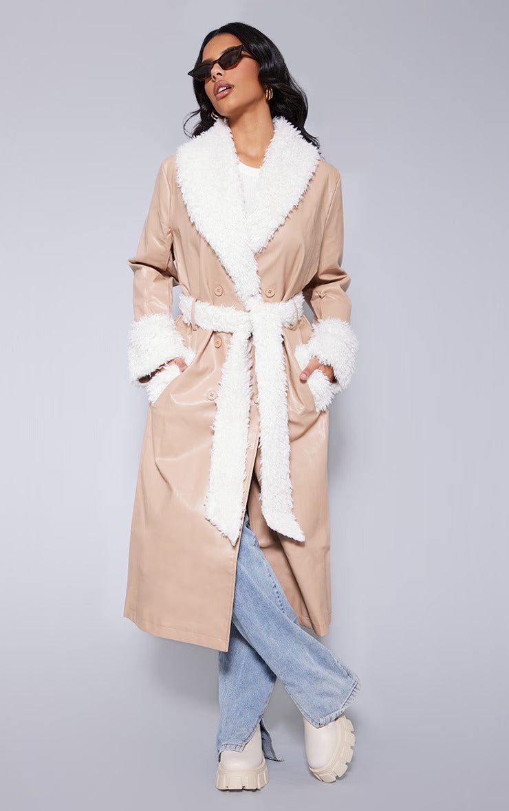 BEIGE FAUX LEATHER CURLY BORG TRIM MAXI TRENCH