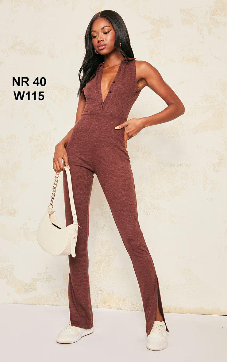 Chocolate Textured Rib Button Front Sleeveless Jumpsuit