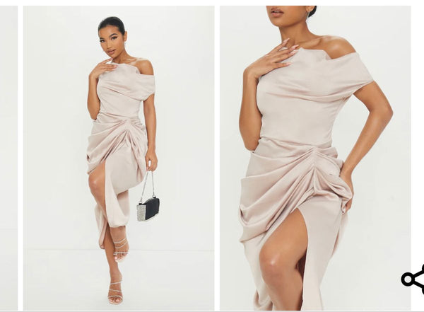 Champagne Satin Off The Shoulder Draped Skirt Midi Dress