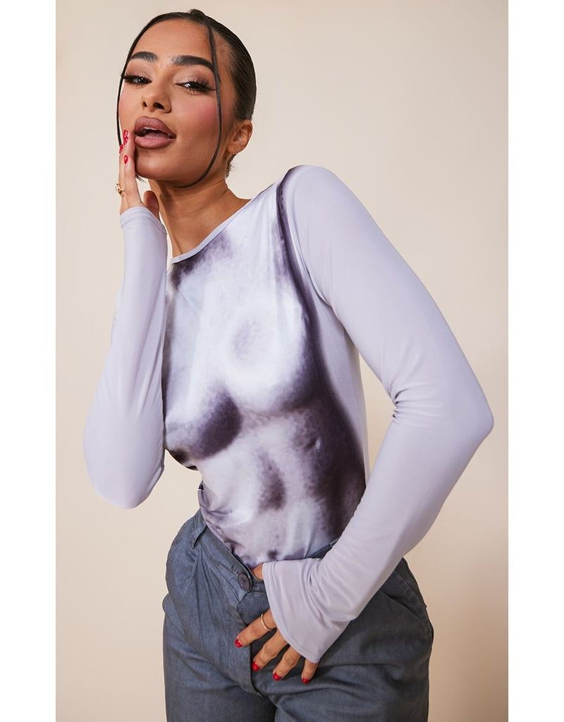 Petite Black Body Print Long Sleeve Bodysuit