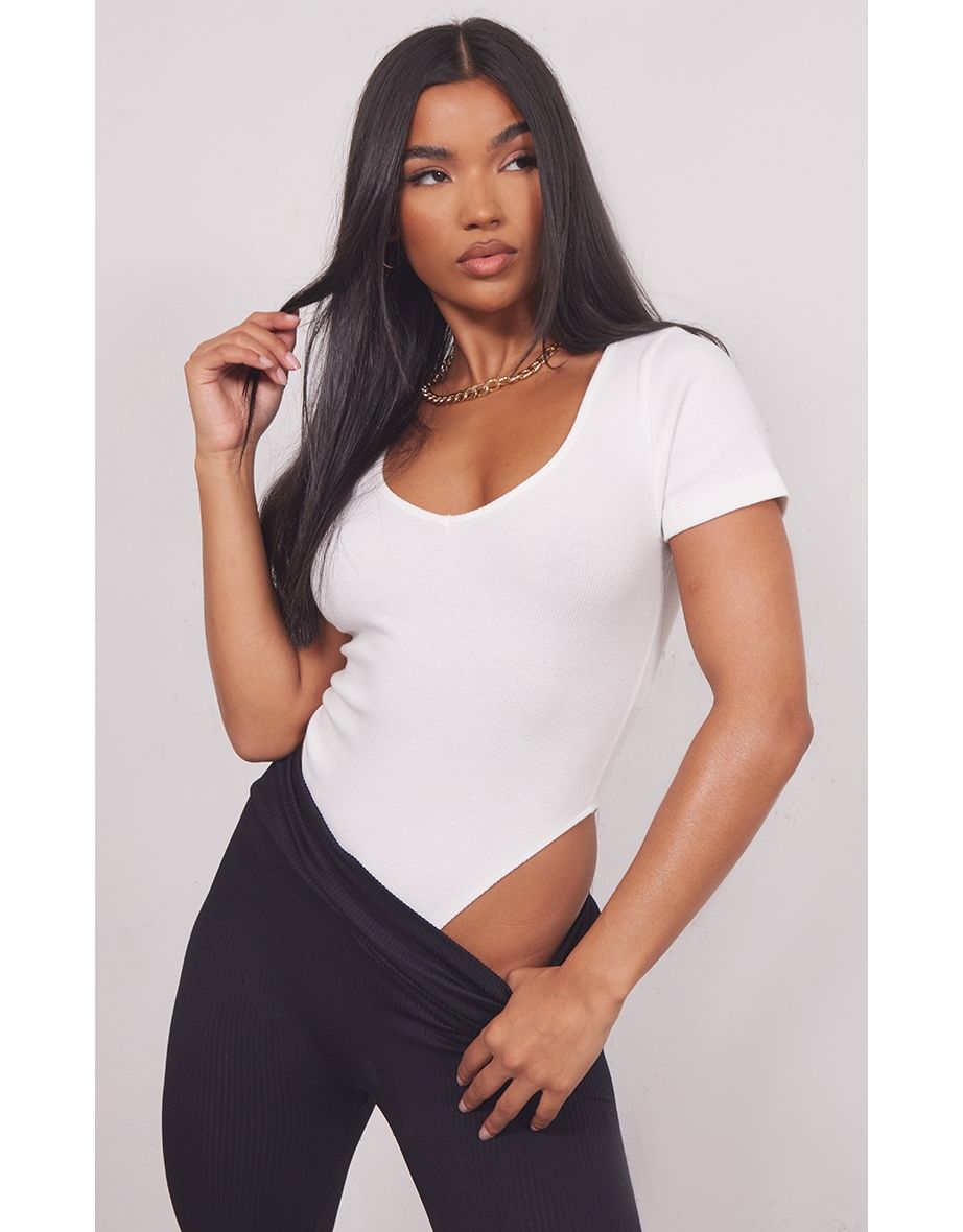 Basic White Rib V Neck Short Sleeve Bodysuit