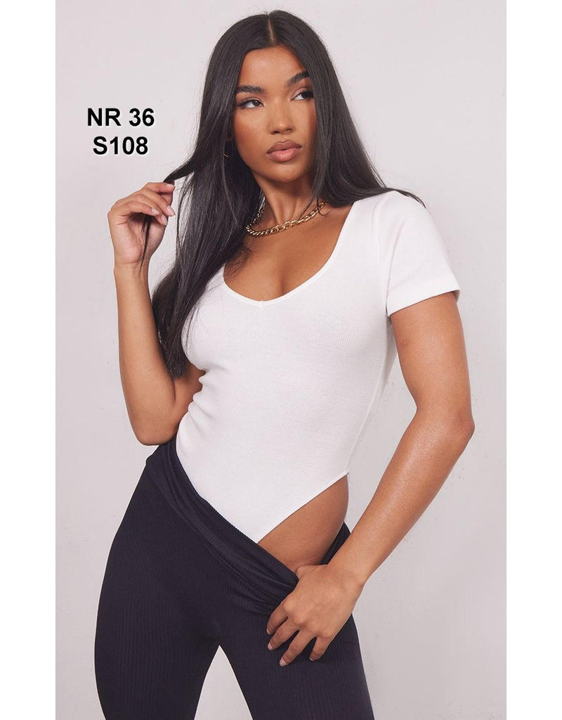 Basic White Rib V Neck Short Sleeve Bodysuit
