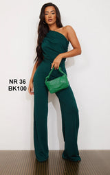 Petite Emerald Green One Shoulder Ruched Wide Leg Jumpsuit