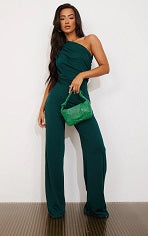 Petite Emerald Green One Shoulder Ruched Wide Leg Jumpsuit
