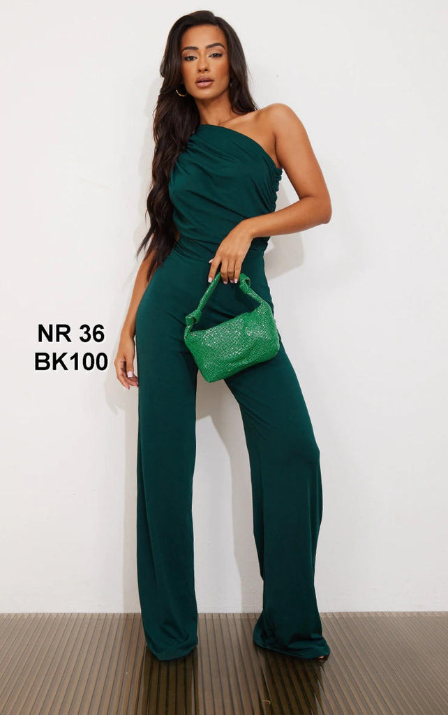 Jumpsuit me këmbë të gjera me ngjyrë smeraldi të imët me një sup 