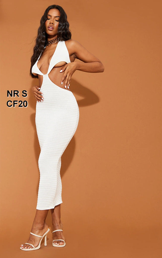 White Textured Knit Cross Front Maxi Dress