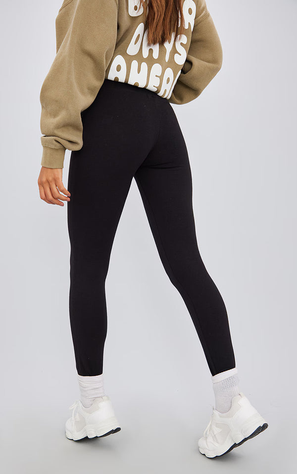 Black Ribbed Waistband Cotton Leggings