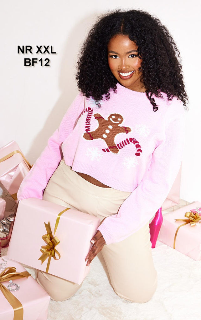 Plus Pink Gingerbread Man Crop Christmas Jumper