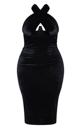 Plus Black Velvet Underwired Cross Front Midi Dress