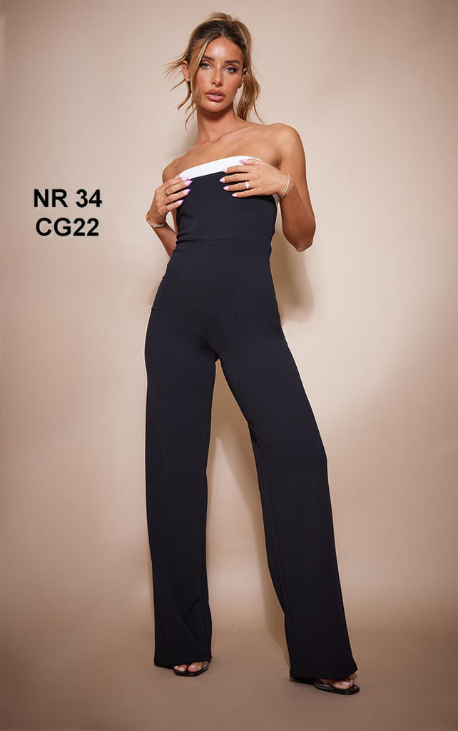 Black Crepe Contrast Fold Over Detail Wide Leg Jumpsuit