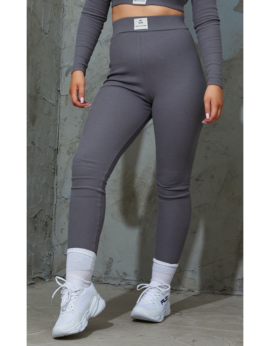 PRETTYLITTLETHING Dove Grey Rib New Season Badge Leggings