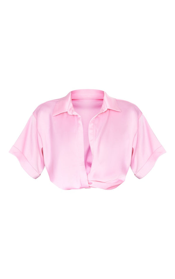 Candy Pink Heavy Satin Twist Front Shirt