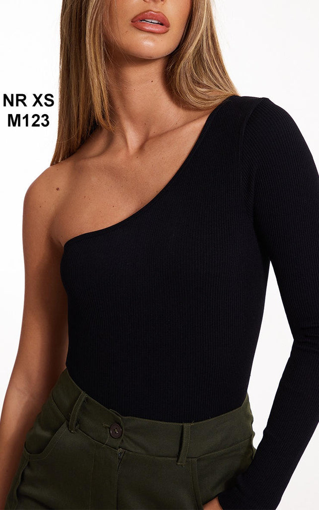 Black Snatched Rib One Shoulder Bodysuit